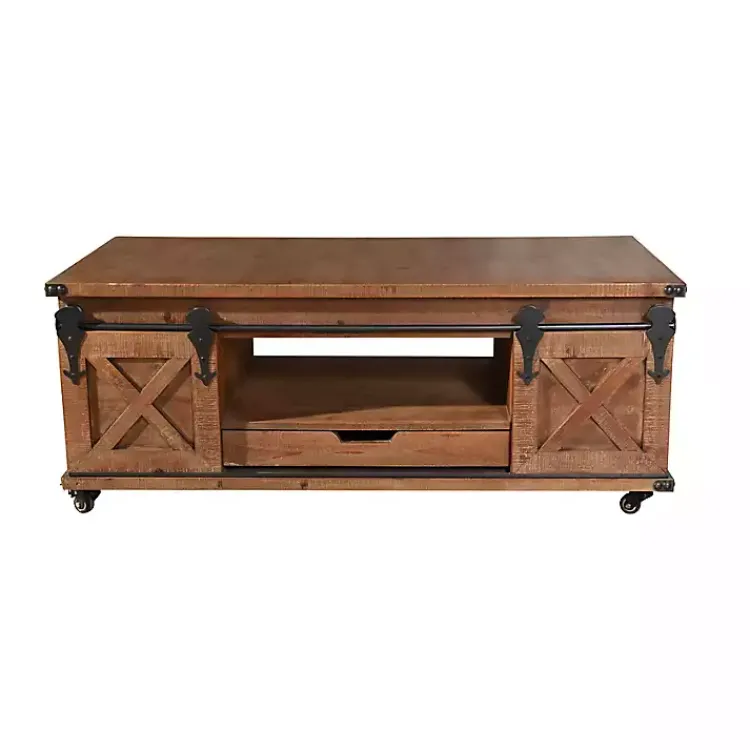 Kirklands Home Rustic Fir Wood Rolling Barn Door Coffee Table Tan Outlet