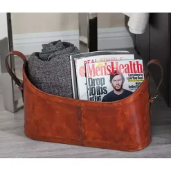 Baskets & Boxes>Kirklands Home Rustic Leather Magazine Basket Brown