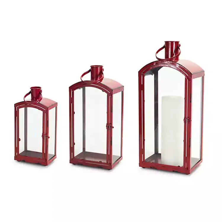 Lanterns>Kirklands Home Rustic Metal Lanterns, Set of 3 Red
