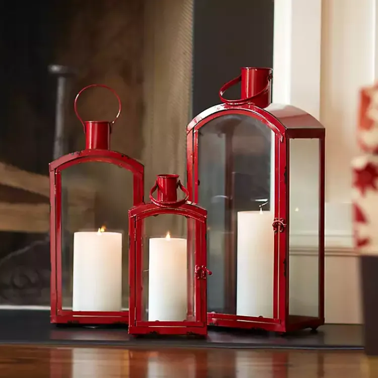 Lanterns>Kirklands Home Rustic Metal Lanterns, Set of 3 Red
