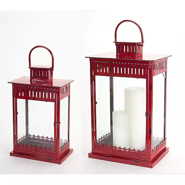 Lanterns>Kirklands Home Rustic Ornate Metal Lanterns, Set of 2 Red