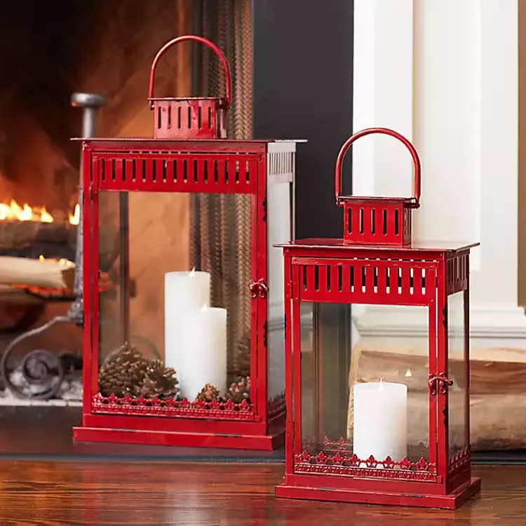 Lanterns>Kirklands Home Rustic Ornate Metal Lanterns, Set of 2 Red