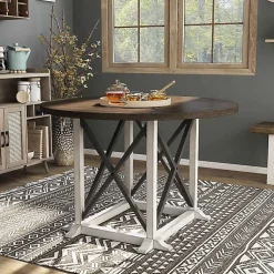Kirklands Home Rustic White & Oak Wood Round Dining Table Brown New