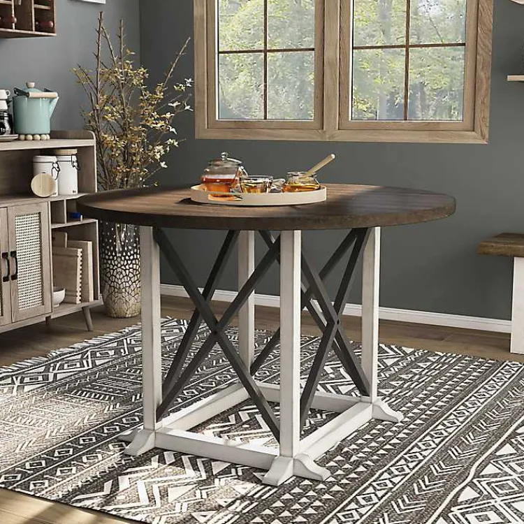 Kirklands Home Rustic White & Oak Wood Round Dining Table Brown New