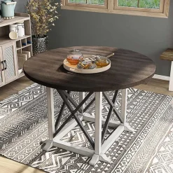 Kirklands Home Rustic White & Oak Wood Round Dining Table Brown New