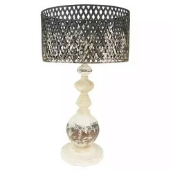 Kirklands Home Rustic White Table Lamp with Woven Metal Shade Brown