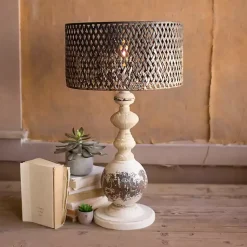 Kirklands Home Rustic White Table Lamp with Woven Metal Shade Brown