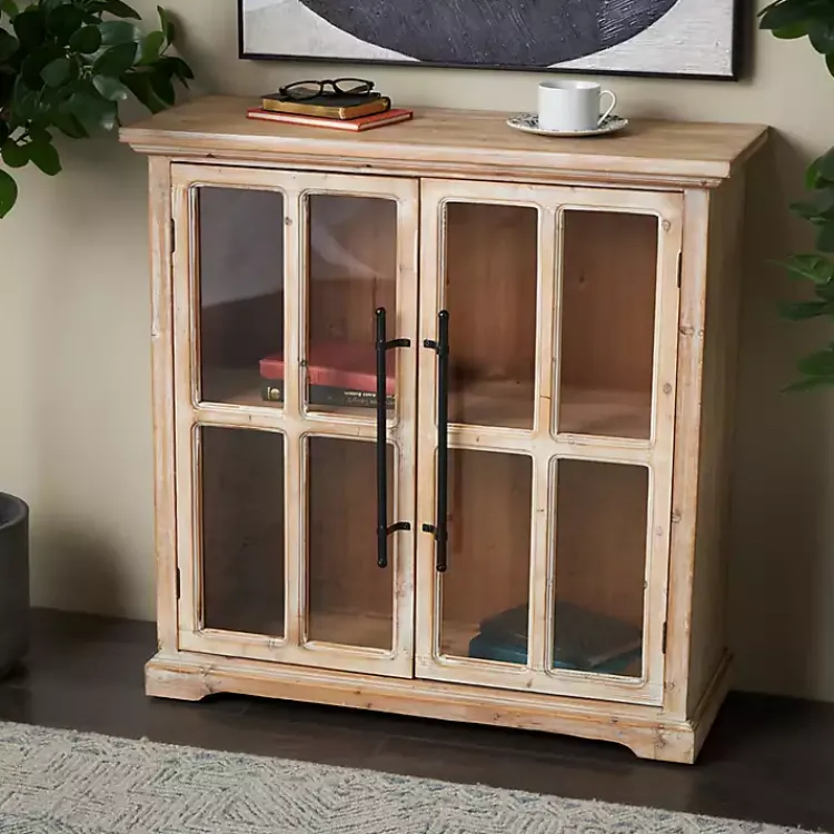 Kirklands Home Rustic Wood and Glass 2-Door Cabinet Tan New