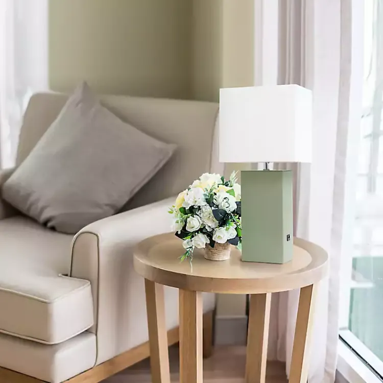 Kirklands Home Sage Leather Charging Table Lamp Green New
