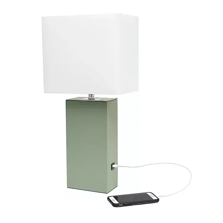 Kirklands Home Sage Leather Charging Table Lamp Green New