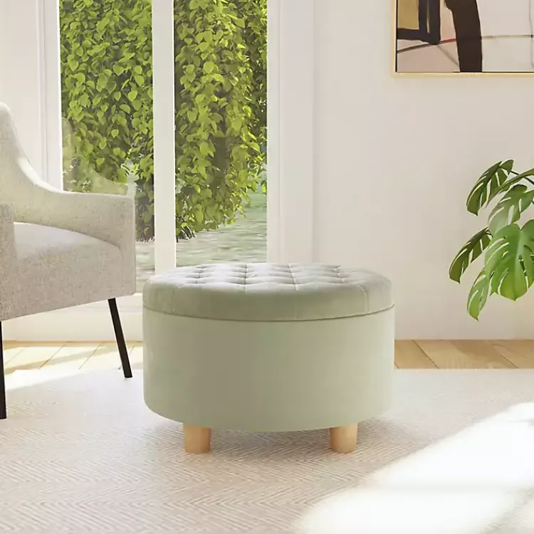 Kirklands Home Sage Round Velvet Tufted Storage Ottoman Green Best