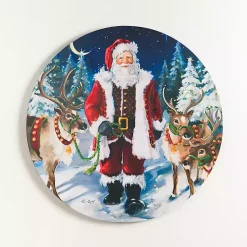 Christmas Art & Wall Decor>Kirklands Home Santa with Reindeer Round Canvas Art Print