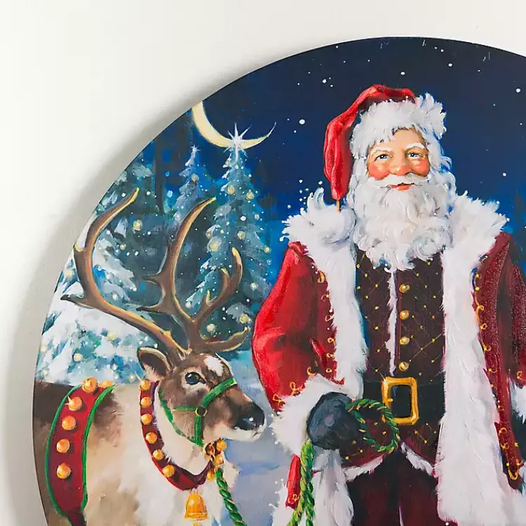 Christmas Art & Wall Decor>Kirklands Home Santa with Reindeer Round Canvas Art Print