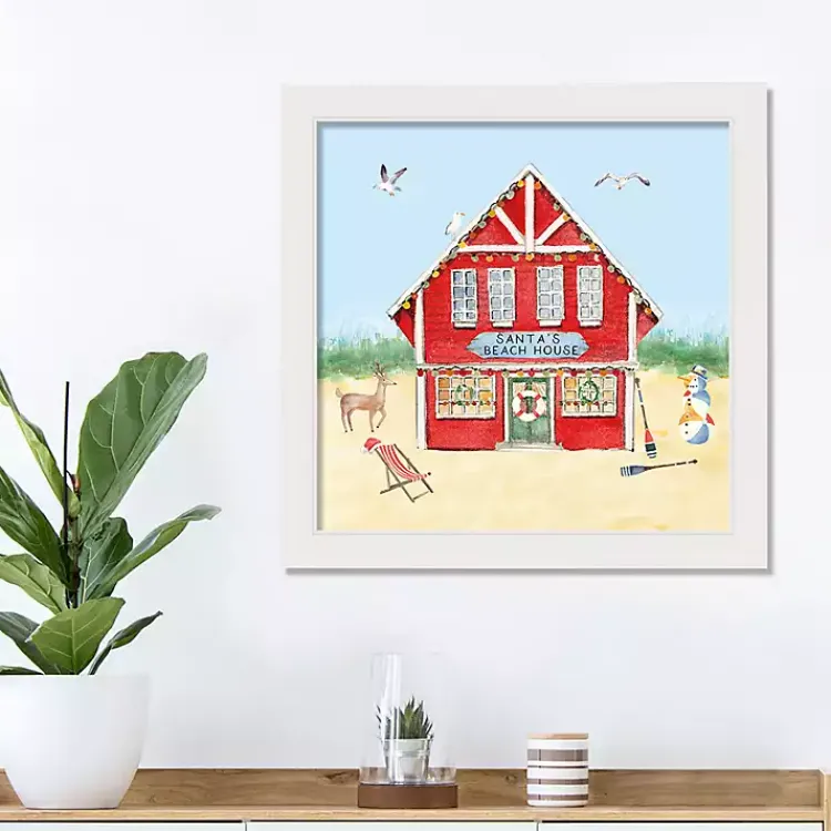 Christmas Art & Wall Decor>Kirklands Home Santa's Beach House Framed Canvas Art Print White