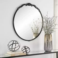 Kirklands Home Satin Black Ornate Round Wall Mirror New