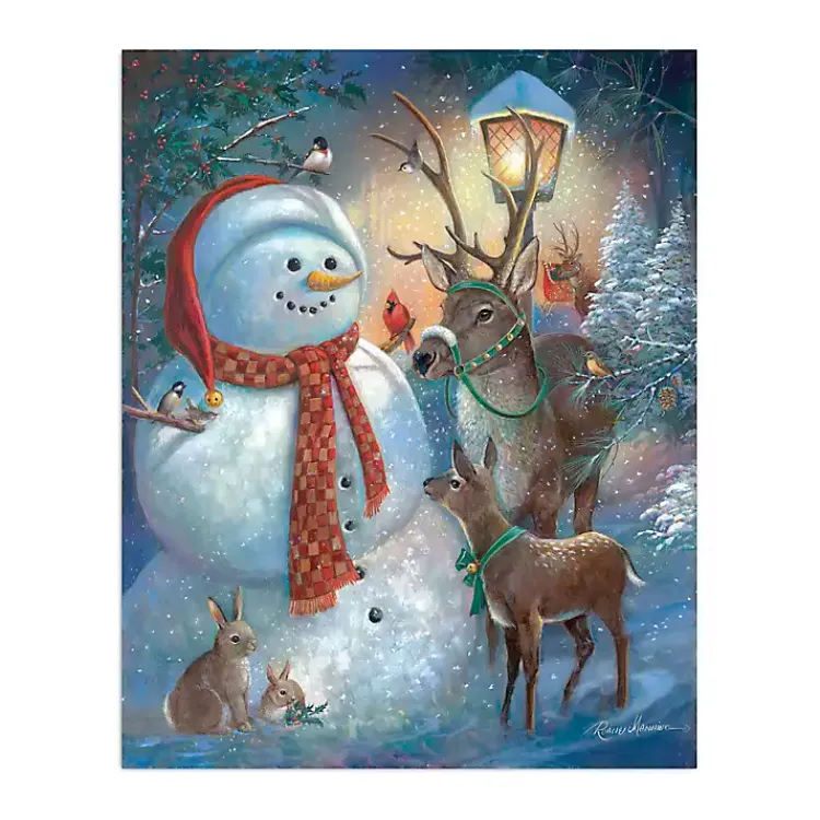 Christmas Art & Wall Decor>Kirklands Home Scarf Snowman with Reindeer Canvas Art Print Multi