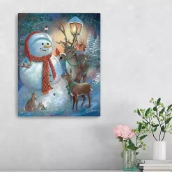 Christmas Art & Wall Decor>Kirklands Home Scarf Snowman with Reindeer Canvas Art Print Multi