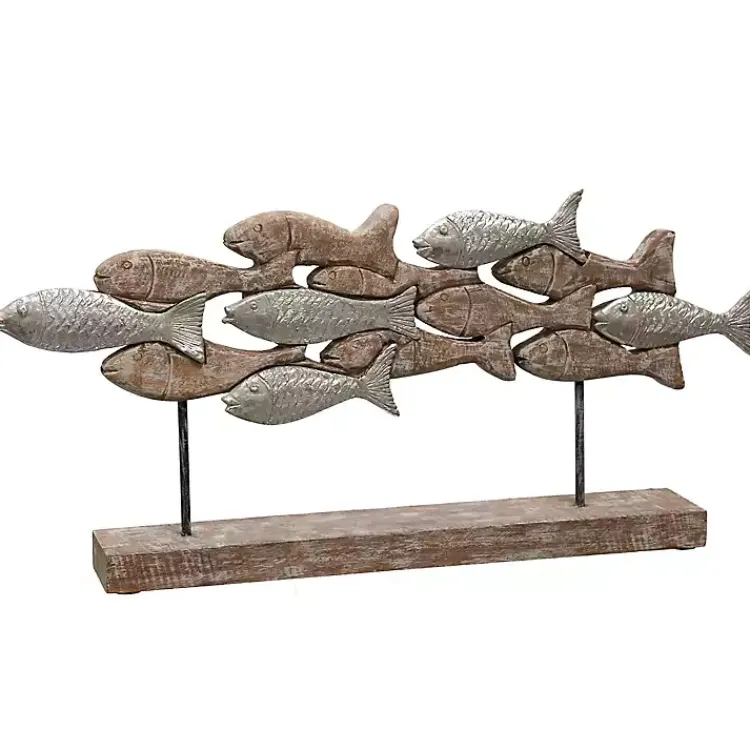 Statues & Figurines>Kirklands Home School of Fish Natural Wood Carved Sculpture Brown