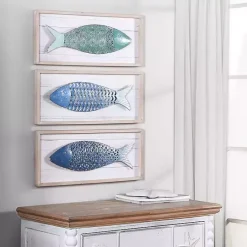 Kirklands Home School of Fish Wooden and Metal Plaques, Set of 3 Blue Sale
