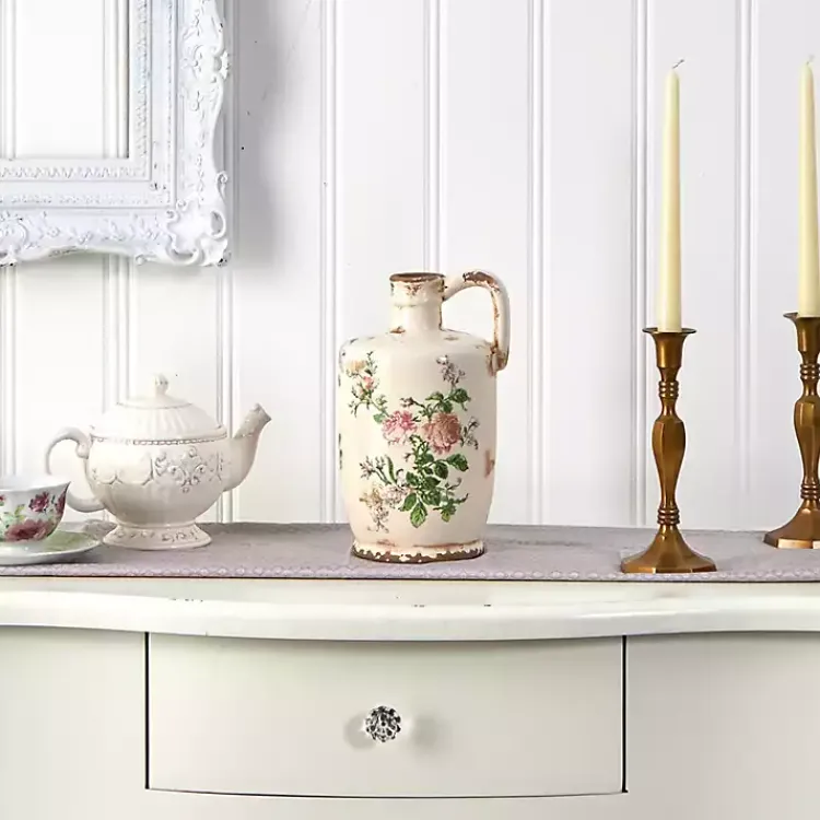 Vases>Kirklands Home Shabby Chic Ivory Floral Pitcher Vase