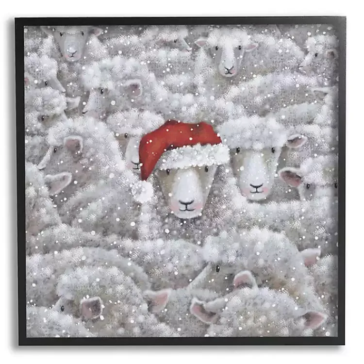 Christmas Art & Wall Decor>Kirklands Home Sheep with Santa Hat Framed Canvas Art Print