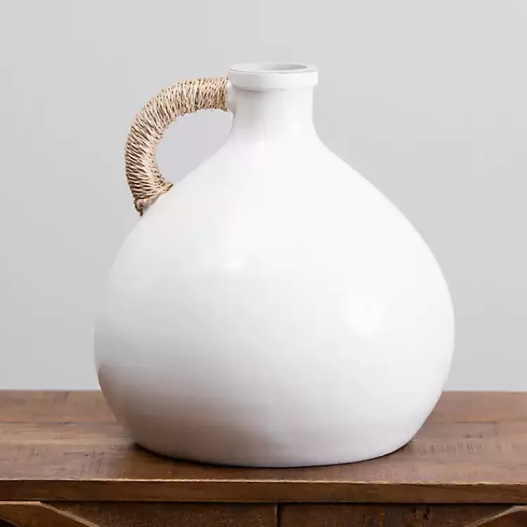 Vases>Kirklands Home Short Jug Vase with Rope Handle White