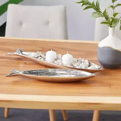 Decorative Trays>Kirklands Home Aluminum Metallic Fish Trays, Set of 2 Silver