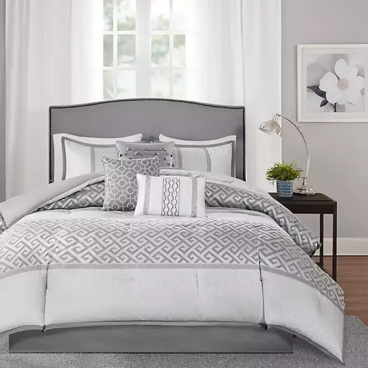Kirklands Home Silver Geometric Stripes 7-pc. Queen Comforter Set