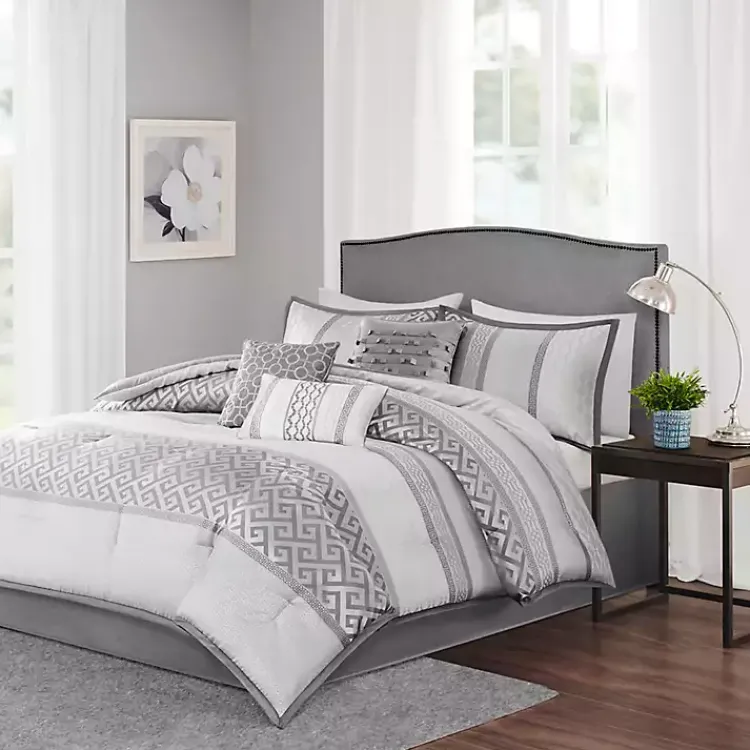 Kirklands Home Silver Geometric Stripes 7-pc. Queen Comforter Set