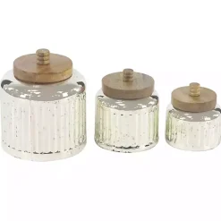 Decorative Bowls & Jars>Kirklands Home Silver Glass Jars with Wooden Lids, Set of 3