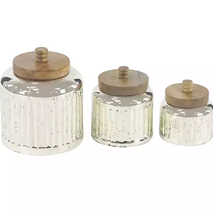 Decorative Bowls & Jars>Kirklands Home Silver Glass Jars with Wooden Lids, Set of 3