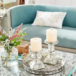 Candle Holders>Kirklands Home Glass Ornate 2-pc. Pillar Candle Holder Set Silver