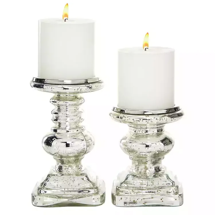 Candle Holders>Kirklands Home Glass Ornate 2-pc. Pillar Candle Holder Set Silver