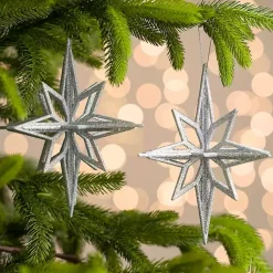 Christmas Ornaments>Kirklands Home Glitter Starburst Ornaments, Set of 2 Silver