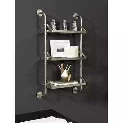 Kirklands Home Metal and Glass 3-Tier Wall Shelf Silver Clearance