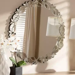 Kirklands Home Silver Petal Leaf Round Wood Frame Wall Mirror Best