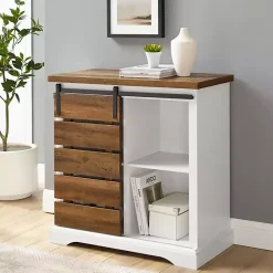 Kirklands Home Slatted Sliding Barn Door White and Oak Cabinet Brown Discount