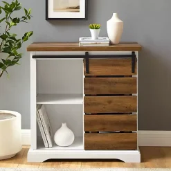 Kirklands Home Slatted Sliding Barn Door White and Oak Cabinet Brown Discount