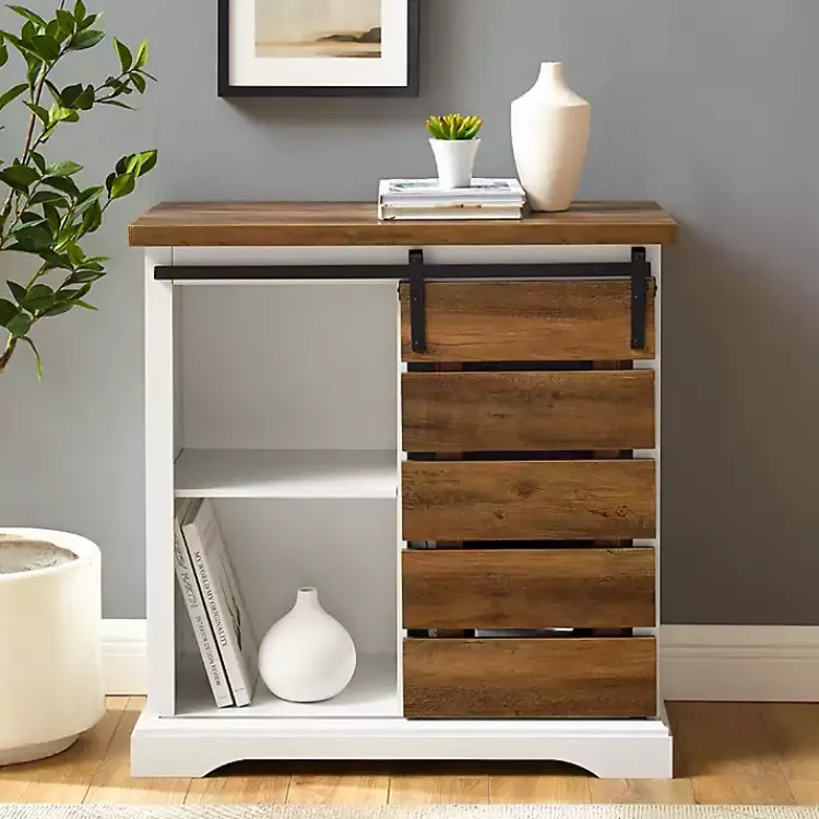 Kirklands Home Slatted Sliding Barn Door White and Oak Cabinet Brown Discount