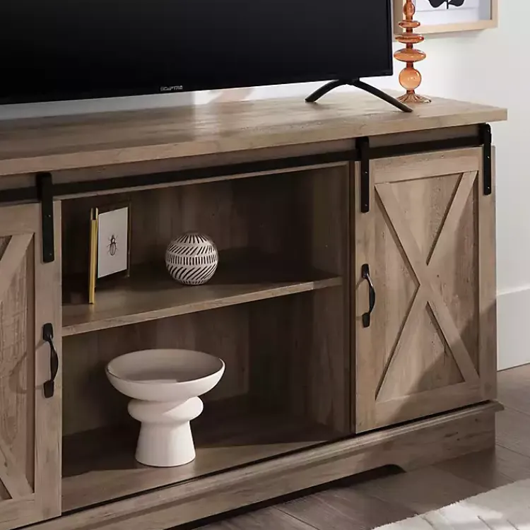 Kirklands Home Sliding Barn Door Open Shelf Wash TV Stand Gray Online