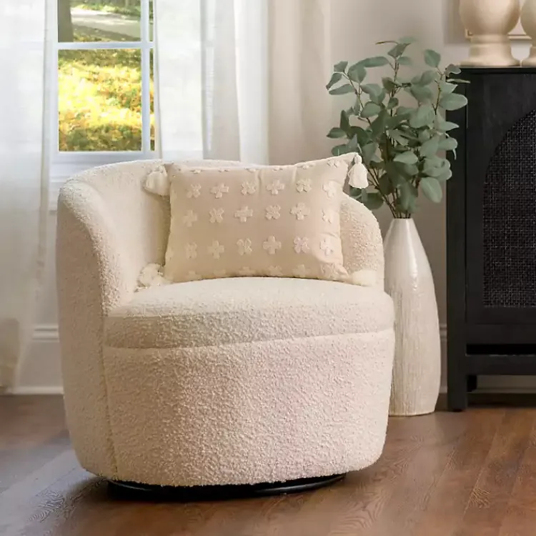 Kirklands Home Small Round Cream Boucle Swivel Accent Chair White