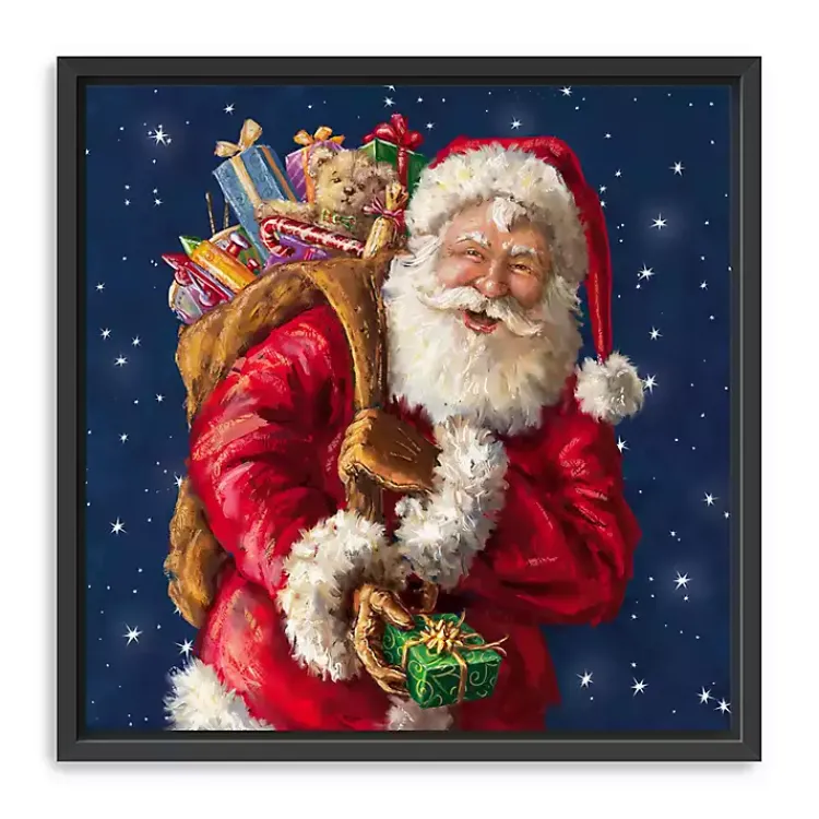 Christmas Art & Wall Decor>Kirklands Home Smiling Santa with Gifts Framed Canvas Art Print Multi