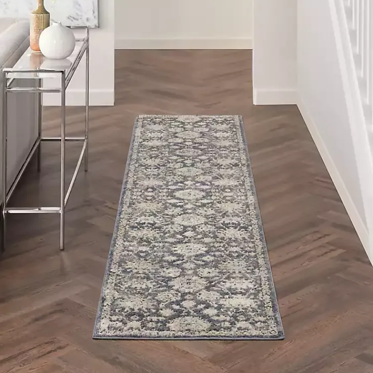 Kirklands Home Smokey Blue and Ivory Floral Runner, 2x7 New