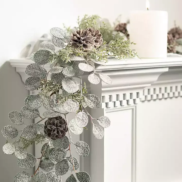 Christmas Arrangements & Garland>Kirklands Home Snow Dusted Eucalyptus and Pinecone Garland