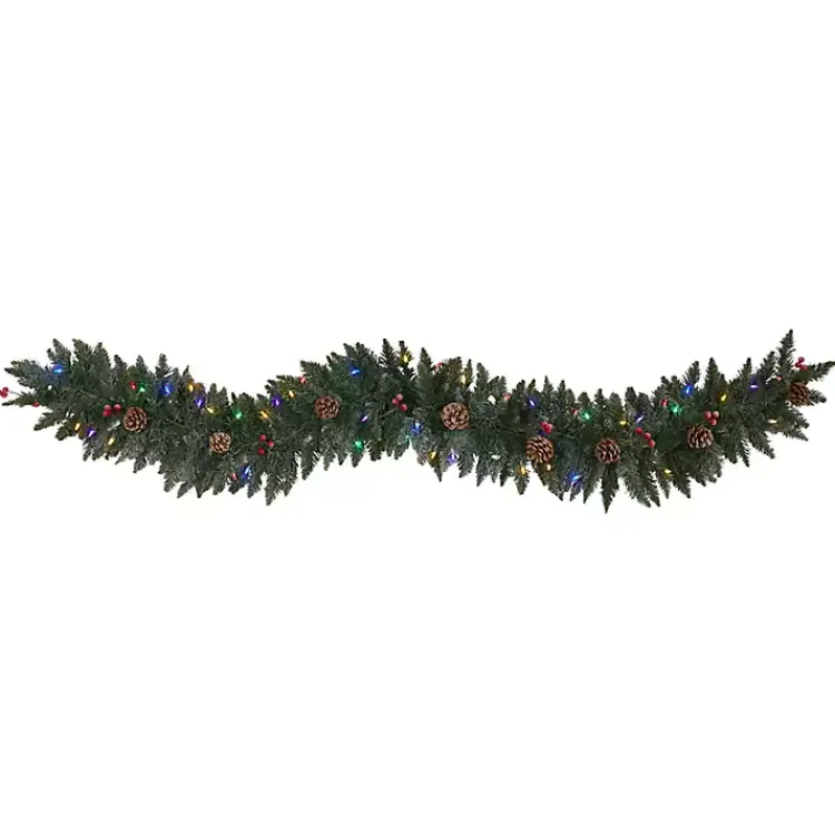 Christmas Arrangements & Garland>Kirklands Home Snow Dusted Pine Cone and Berries LED Garland Green