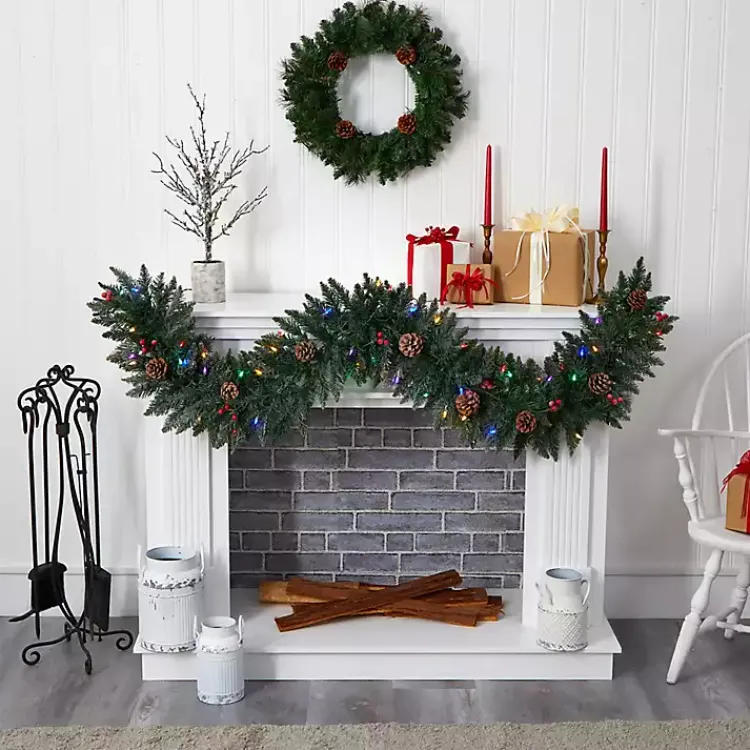 Christmas Arrangements & Garland>Kirklands Home Snow Dusted Pine Cone and Berries LED Garland Green