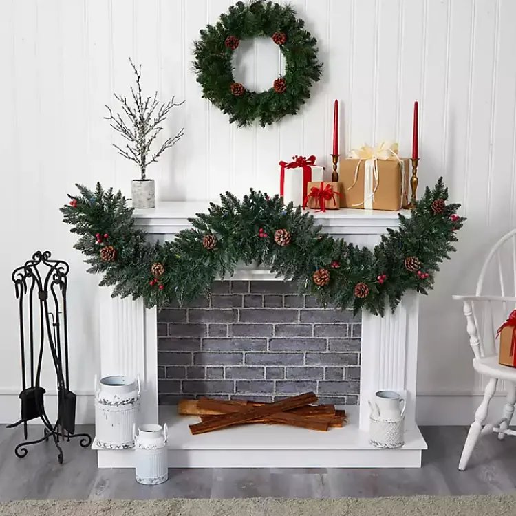 Christmas Arrangements & Garland>Kirklands Home Snow Dusted Pine Cone and Berries LED Garland Green