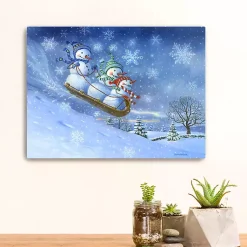 Christmas Art & Wall Decor>Kirklands Home Snowman Sledding Canvas Christmas Art Print Blue