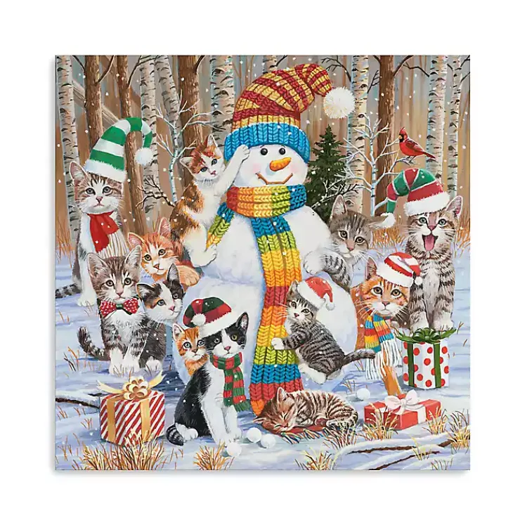 Christmas Art & Wall Decor>Kirklands Home Snowman with Kittens Canvas Christmas Art Print Multi