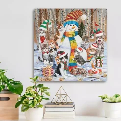 Christmas Art & Wall Decor>Kirklands Home Snowman with Kittens Canvas Christmas Art Print Multi